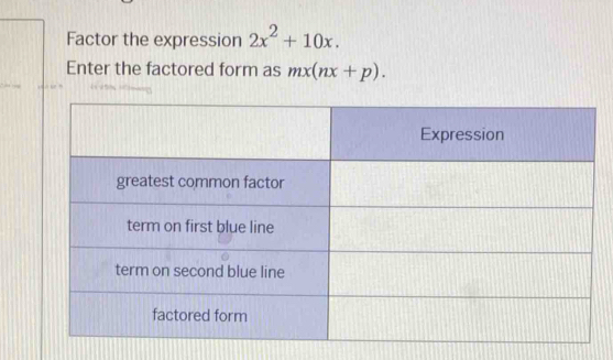 Factor the expression 2x^2+10x. 
Enter the factored form as mx(nx+p).