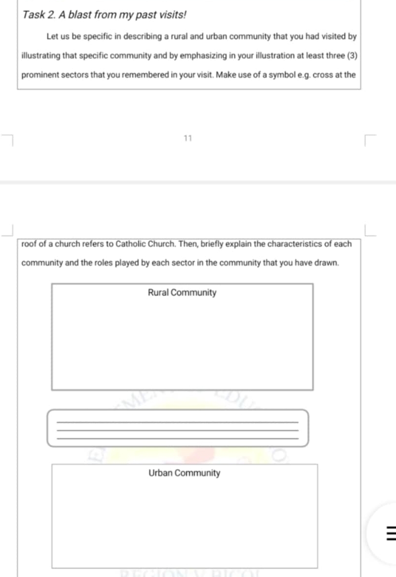 Task 2. A blast from my past visits! 
Let us be specific in describing a rural and urban community that you had visited by 
illustrating that specific community and by emphasizing in your illustration at least three (3) 
prominent sectors that you remembered in your visit. Make use of a symbol e.g. cross at the 
11 
roof of a church refers to Catholic Church. Then, briefly explain the characteristics of each 
community and the roles played by each sector in the community that you have drawn. 
Rural Community 
_ 
_ 
_ 
Urban Community 
=