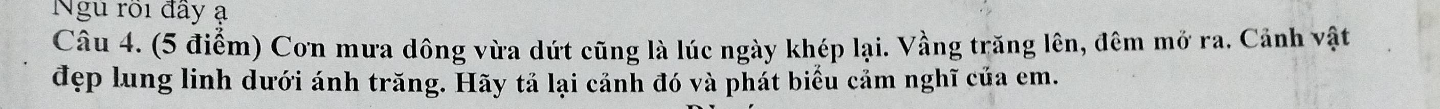 Ngu rồi đầy ạ 
Câu 4. (5 điểm) Con mưa dông vừa dứt cũng là lúc ngày khép lại. Vầng trăng lên, đêm mở ra. Cảnh vật 
đẹp lung linh dưới ánh trăng. Hãy tả lại cảnh đó và phát biểu cảm nghĩ của em.