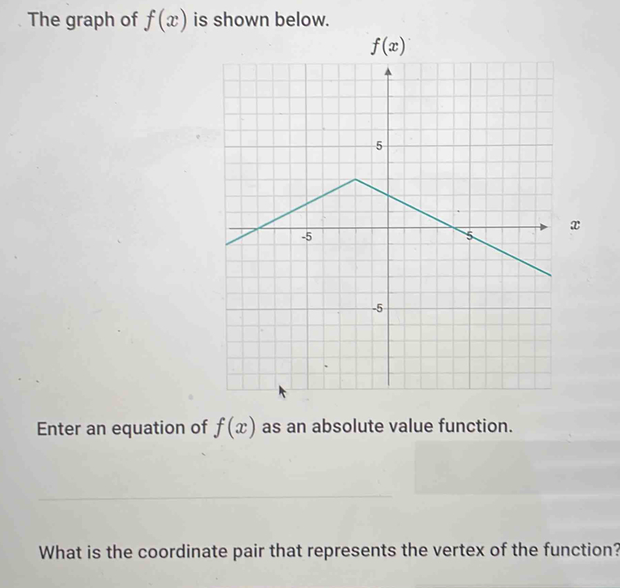 The graph of f(x) is shown below.
x
Enter an equation of f(x) as an absolute value function.
What is the coordinate pair that represents the vertex of the function?