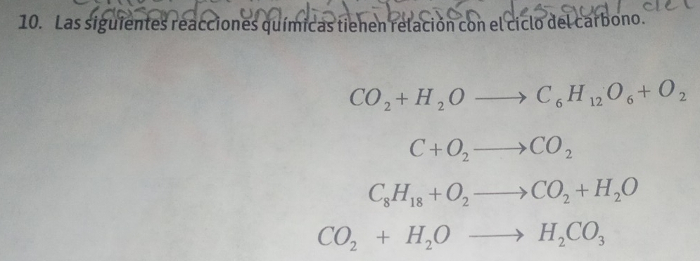 Las siguientes reacciones químicas tienen relación con el ciclo del carbono.
CO_2+H_2Oto C_6H_12O_6+O_2
C+O_2to CO_2
C_8H_18+O_2to CO_2+H_2O
CO_2+H_2Oto H_2CO_3