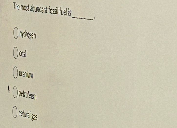 The most abundant fossil fuel is
_
hydrogen
coal
uraniura
O petroleum
natural gas