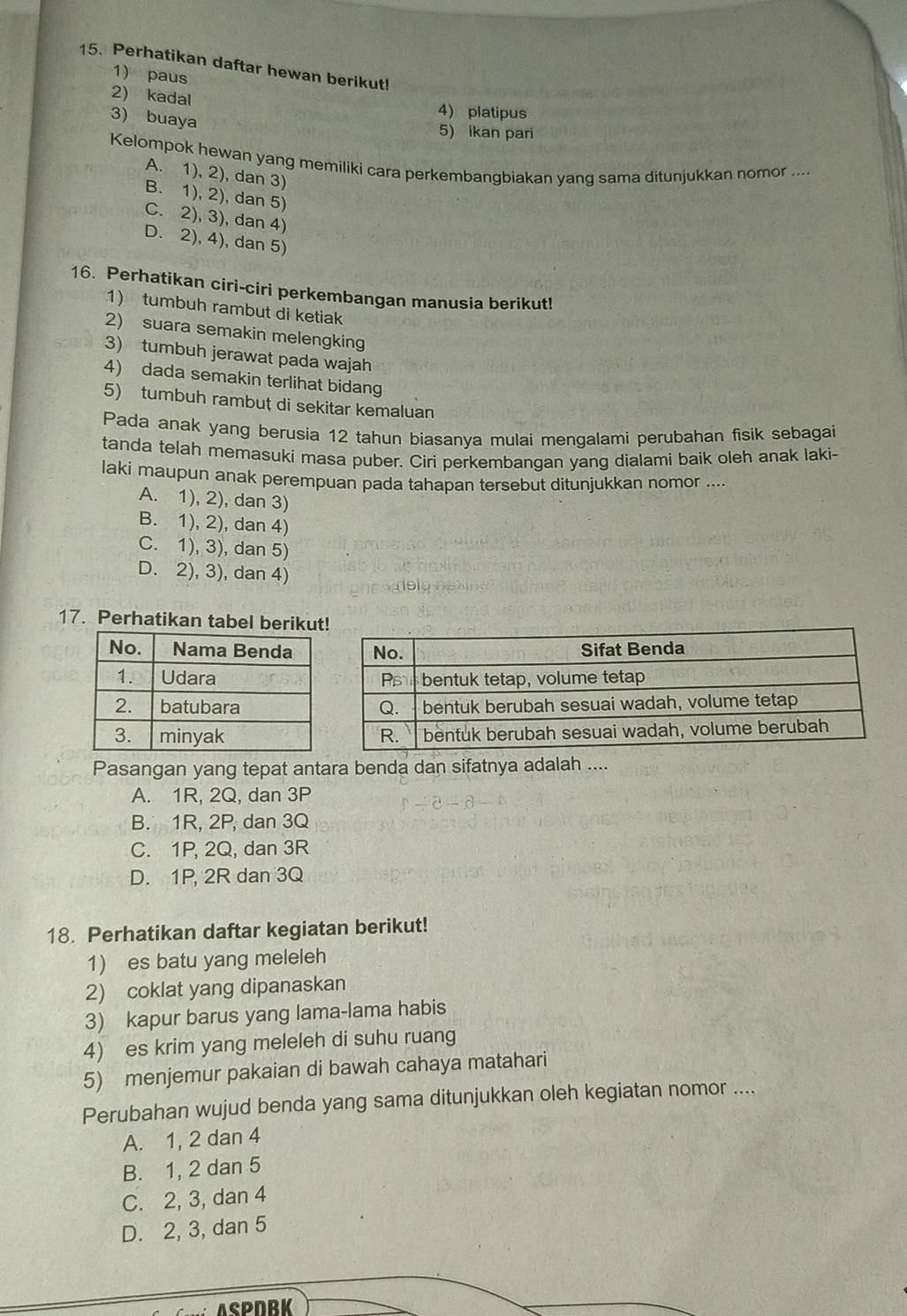 Perhatikan daftar hewan berikut!
1) paus
2) kadal 4) platipus
3) buaya
5) ikan pari
Kelompok hewan yang memiliki cara perkembangbiakan yang sama ditunjukkan nomor ....
A. 1), 2), dan 3)
B. 1), 2), dan 5)
C. 2), 3), dan 4)
D. 2), 4), dan 5)
16. Perhatikan ciri-ciri perkembangan manusia berikut!
1) tumbuh rambut di ketiak
2) suara semakin melengking
3) tumbuh jerawat pada wajah
4) dada semakin terlihat bidang
5) tumbuh rambuț di sekitar kemaluan
Pada anak yang berusia 12 tahun biasanya mulai mengalami perubahan fisik sebagai
tanda telah memasuki masa puber. Ciri perkembangan yang dialami baik oleh anak laki-
laki maupun anak perempuan pada tahapan tersebut ditunjukkan nomor ....
A. 1), 2), dan 3)
B. 1), 2), dan 4)
C. 1), 3), dan 5)
D. 2), 3), dan 4)
17. Perhatikan tabel berikut
Pasangan yang tepat antara benda dan sifatnya adalah ....
A. 1R, 2Q, dan 3P
B. 1R, 2P, dan 3Q
C. 1P, 2Q, dan 3R
D. 1P, 2R dan 3Q
18. Perhatikan daftar kegiatan berikut!
1) es batu yang meleleh
2) coklat yang dipanaskan
3) kapur barus yang lama-lama habis
4) es krim yang meleleh di suhu ruang
5) menjemur pakaian di bawah cahaya matahari
Perubahan wujud benda yang sama ditunjukkan oleh kegiatan nomor ....
A. 1, 2 dan 4
B. 1, 2 dan 5
C. 2, 3, dan 4
D. 2, 3, dan 5
ASPDBK