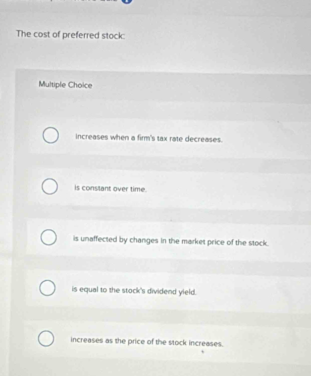 The cost of preferred stock:
Multiple Choice
increases when a firm's tax rate decreases.
is constant over time.
is unaffected by changes in the market price of the stock.
is equal to the stock's dividend yield.
increases as the price of the stock increases.