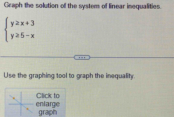 Graph the solution of the system of linear inequalities.
beginarrayl y≥ x+3 y≥ 5-xendarray.
Use the graphing tool to graph the inequality. 
Click to 
enlarge 
graph