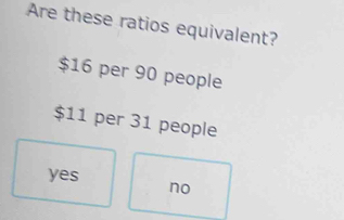 Are these ratios equivalent?
$16 per 90 people
$11 per 31 people
yes no