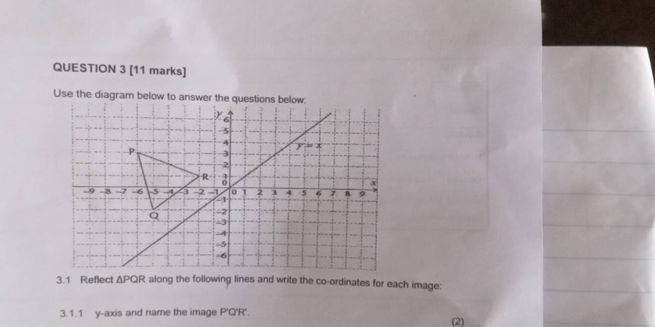 Use the diagram below to answer the questions below:
3.1 Reflect △ PQR along the following lines and write the co-ordinates for each image:
3.1.1 y-axis and name the image P'Q'R'.
(2)