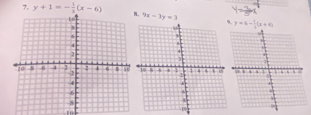 y+1=- 1/3 (x-6) 8. 9x-3y=3. y=6- 1/2 (x+4)
10