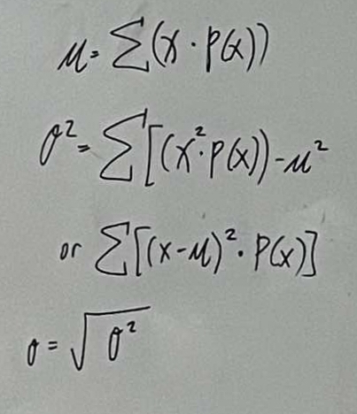 M=sumlimits (x· P(x))
sigma^2=sumlimits [(x^2· P(x))-mu^2
or sumlimits [(x-M)^2· P(x)]
θ =sqrt(θ^2)