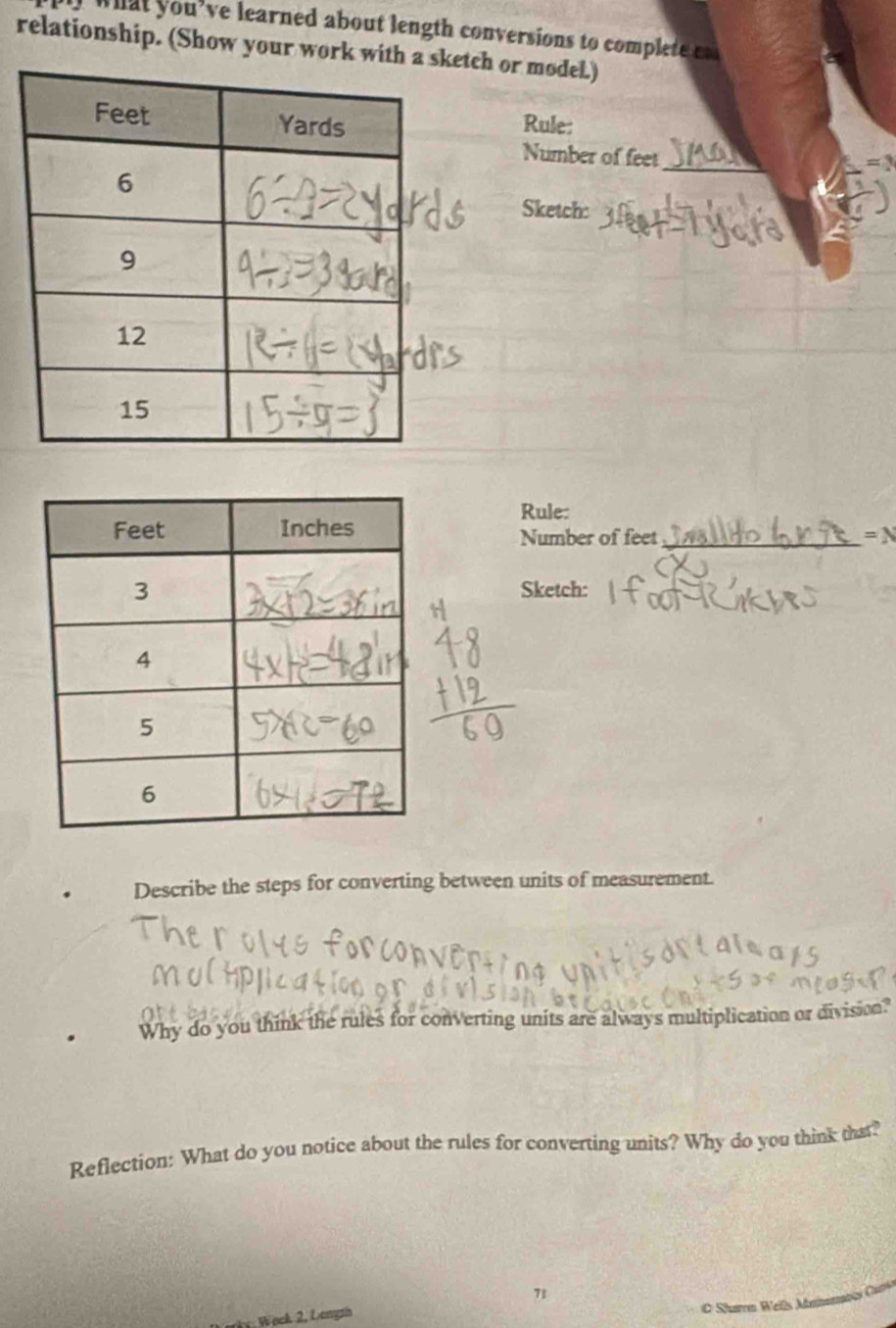 at you've learned about length conversions to complete e 
relationship. (Show your work witetch or model.) 
Rule: 
Number of feet
_
=3
Sketch: 
Rule: 
Number of feet _ =N
Sketch: 
Describe the steps for converting between units of measurement. 
Why do you think the rules for converting units are always multiplication or division? 
Reflection: What do you notice about the rules for converting units? Why do you think that? 
71 
is Weck 2, Longth 
C Sharre Wells Menemanics Caro