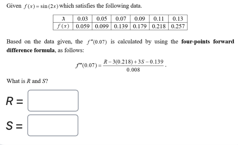 Given f(x)=sin (2x) which satisfies the following data.
Based on the data given, the f'''(0.07) is calculated by using the four-points forward
difference formula, as follows:
f''(0.07)= (R-3(0.218)+3S-0.139)/0.008 .
What is R and S?
R=
^
S=
^