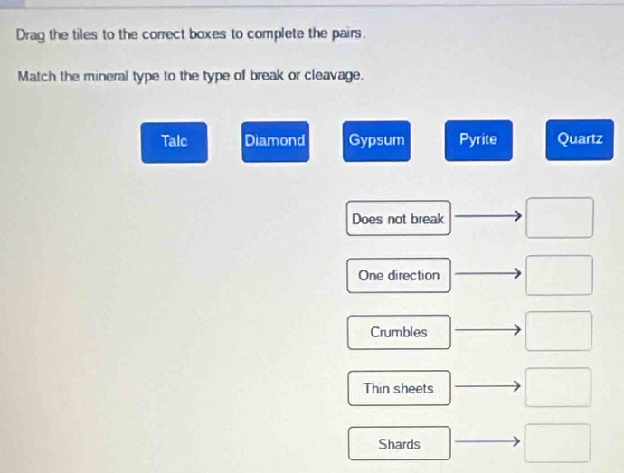 Drag the tiles to the correct boxes to complete the pairs.
Match the mineral type to the type of break or cleavage.
Talc Diamond Gypsum Pyrite Quartz
Does not break
One direction
Crumbles
Thin sheets
Shards