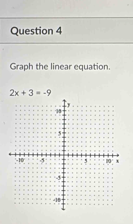 Graph the linear equation.
2x+3=-9