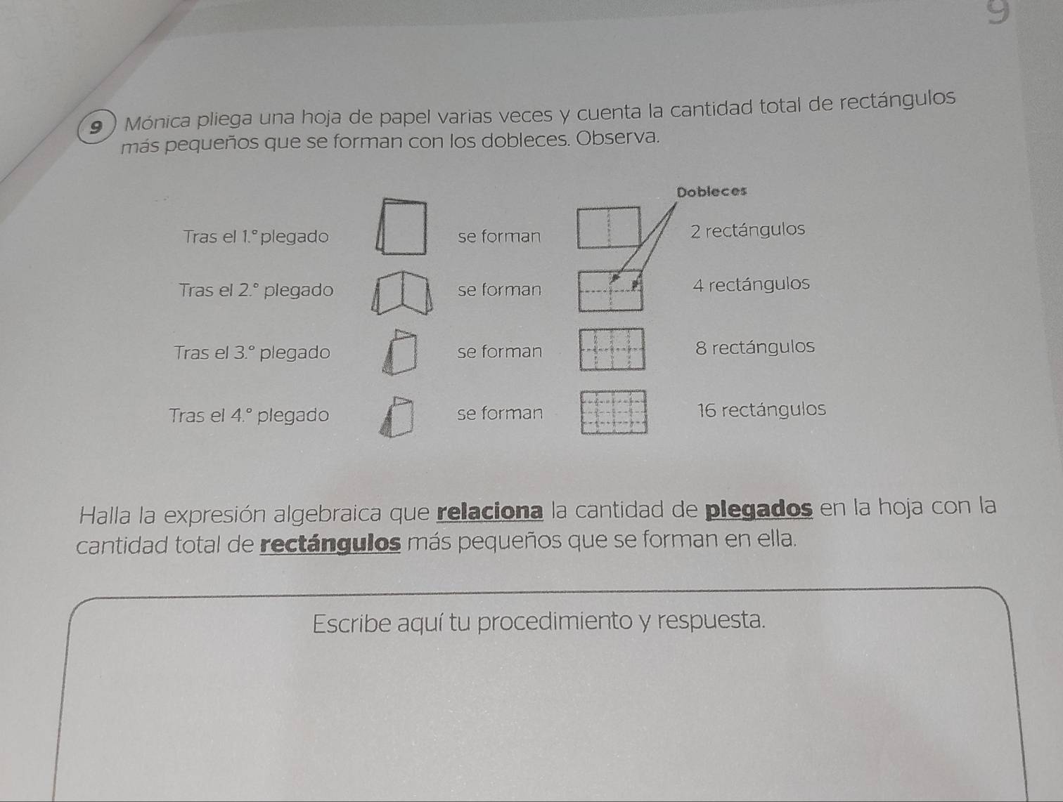 9 ) Mónica pliega una hoja de papel varias veces y cuenta la cantidad total de rectángulos 
más pequeños que se forman con los dobleces. Observa. 
Dobleces 
Tras el 1.^circ  plegado se forman 2 rectángulos 
Tras el 2.^circ  plegado se forman 4 rectángulos 
Tras el 3.^circ  plegado se forman 8 rectángulos 
Tras el 4.^circ  plegado se forman 16 rectángulos 
Halla la expresión algebraica que relaciona la cantidad de plegados en la hoja con la 
cantidad total de rectángulos más pequeños que se forman en ella. 
Escribe aquí tu procedimiento y respuesta.