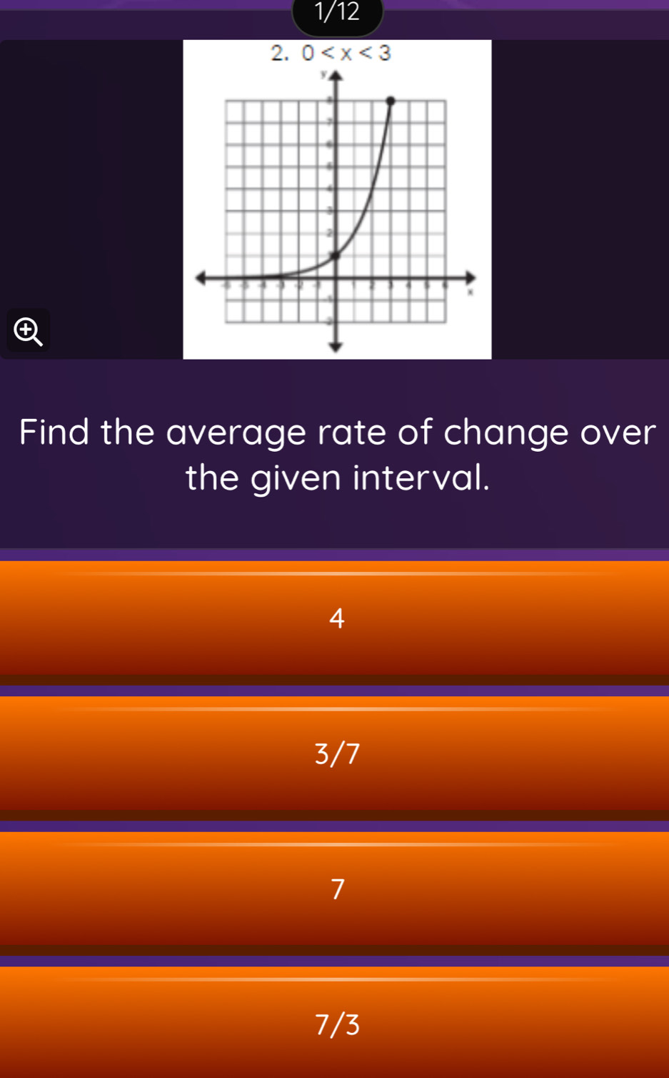 1/12
2. 0
Find the average rate of change over
the given interval.
4
3/7
7
7/3