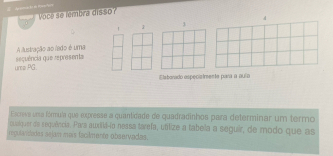 Apresentação do PowerPoind 
Voce se lembra disso?
1 2 3 4
A ilustração ao lado é uma 
sequência que representa 
uma PG. 
Elaborado especialmente para a aula 
Escreva uma fórmula que expresse a quantidade de quadradinhos para determinar um termo 
qualquer da sequência. Para auxiliá-lo nessa tarefa, utilize a tabela a seguir, de modo que as 
regularidades sejam mais facilmente observadas.