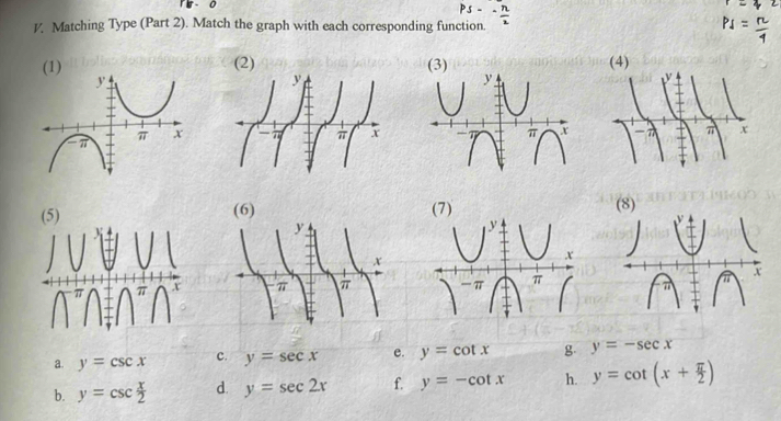 Matching Type (Part 2). Match the graph with each corresponding function. 
(2) (4) 
(5) (6) (7 (8) 
a. y=csc x c. y=sec x e. y=cot x g y=-sec x
b. y=csc  x/2  d. y=sec 2x f. y=-cot x h. y=cot (x+ π /2 )