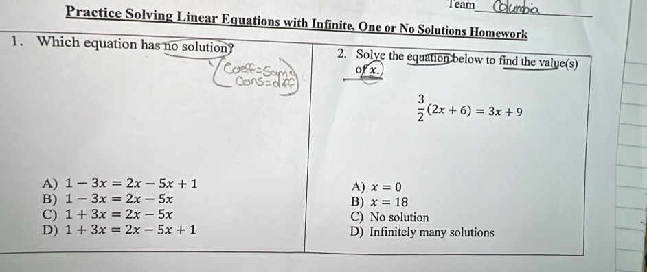 Team
Practice Solving Linear Equations