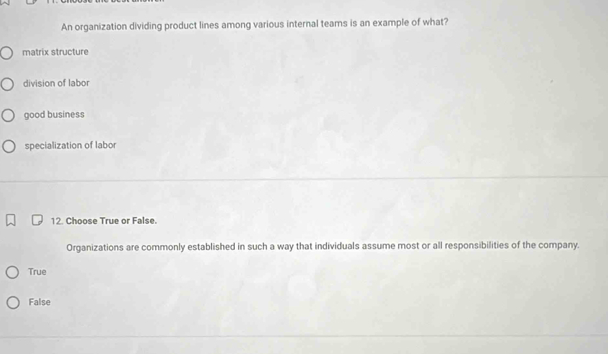 An organization dividing product lines among various internal teams is an example of what?
matrix structure
division of labor
good business
specialization of labor
12. Choose True or False.
Organizations are commonly established in such a way that individuals assume most or all responsibilities of the company.
True
False