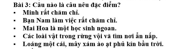 Câu nào là câu nêu đặc điểm?
Minh rất chăm chỉ.
Bạn Nam làm việc rất chăm chỉ.
Mai Hoa là một học sinh ngoan.
Các loài vật trong rừng vội vã tìm nơi ẫn nấp.
Loáng một cái, mây xám ào ạt phủ kín bầu trời.