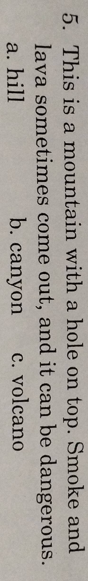 This is a mountain with a hole on top. Smoke and
lava sometimes come out, and it can be dangerous.
a. hill b. canyon
c. volcano