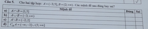 Cho hai tập hợp: A=(-3;5],B=(2;+∈fty )