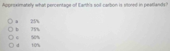 Approximately what percentage of Earth's soil carbon is stored in peatlands?
a 25%
b 75%
C 50%
d 10%