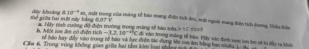 thể giữa hai mặt này bằng 0,07 V. 
dày khoảng 8. 10^(-9)m , mặt trong của mảng tế bảo mang điện tích âm, mặt ngoài mang điện tích dương. Hiệu điện 
a. Hãy tính cường độ điện trường trong màng tế bảo trên 
b. Một ion âm có điện tích -3,2.10^(-19)C đi vào trong màng tế bảo. Hãy xác định xem ion âm sẽ bị đầy ra khỏi 
tế bảo hay đầy vào trong tế bảo và lực điện tác dụng lên ion âm bằng bao nhiêu, h 
Cầu 6. Trong vùng không gian giữa hai tấm kim loại phẳng tích