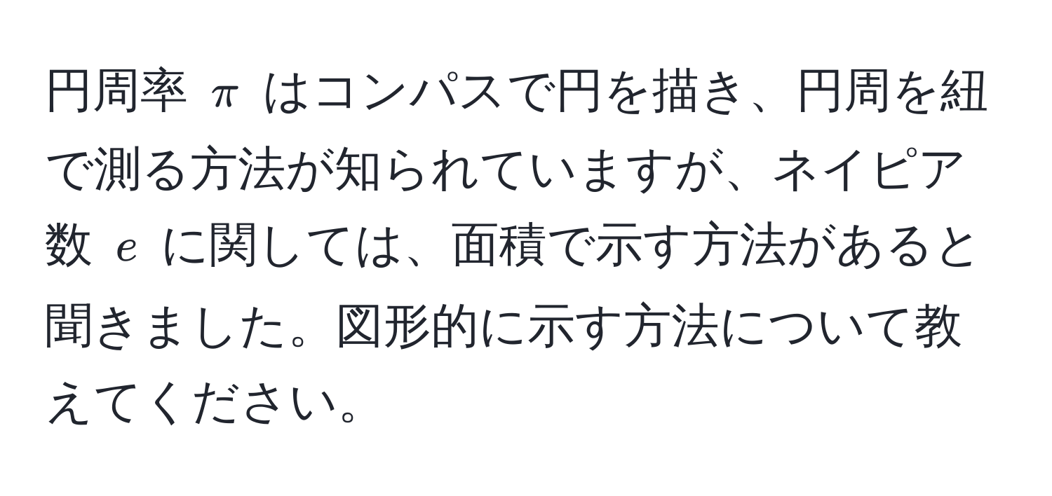 円周率 $π$ はコンパスで円を描き、円周を紐で測る方法が知られていますが、ネイピア数 $e$ に関しては、面積で示す方法があると聞きました。図形的に示す方法について教えてください。