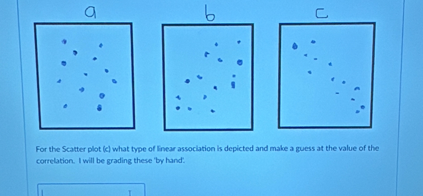 For the Scatter plot (c) what type of linear association is depicted and make a guess at the value of the 
correlation. I will be grading these 'by hand'.