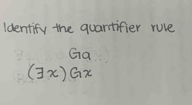 Identify the quantifier rule 
Ga
(exists x)Gx