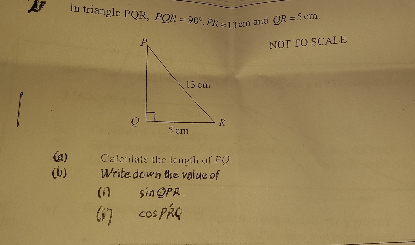 Solved: In triangle PQR, PQR=90° PR=13 cm and QR=5 cm NOT TO SCALE (a ...