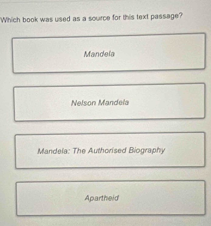 Which book was used as a source for this text passage?
Mandela
Nelson Mandela
Mandela: The Authorised Biography
Apartheid