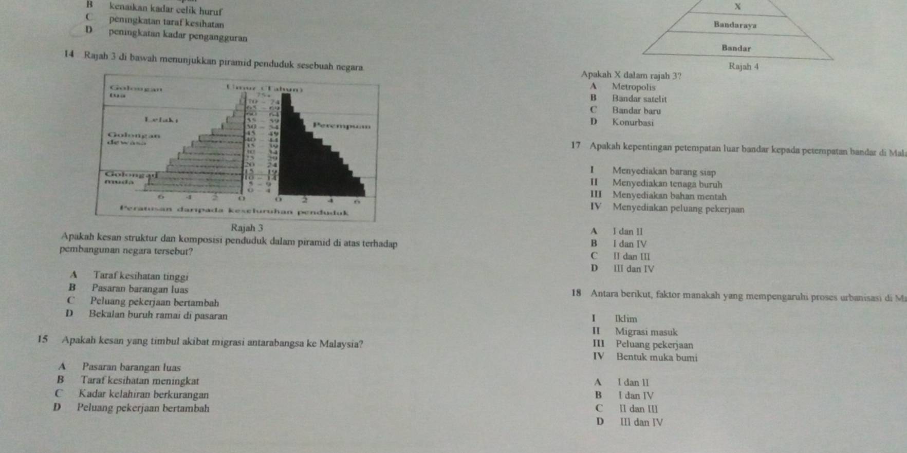 B kenaıkan kadar celik huruf
C penigkatan taraf kesihatan
D peningkatan kadar pengangguran
14 Rajah 3 di bawah menunjukkan piram 
Apakah X dalam rajah 3?
A Metropolis
B Bandar satelit
C Bandar baru
D Konurbasi
17 Apakah kepentingan petempatan luar bandar kepada petempatan bandar di Mal
I Menyediakan barang siap
II Menyediakan tenaga buruh
III Menyediakan bahan mentah
IV Menyediakan peluang pekerjaan
A l dan 1I
Apakah kesan struktur dan komposisi penduduk dalam piramid di atas terhadap B I dan IV
pembangunan negara tersebut? C II dan III
D ⅢI dan IV
A Taraf kesihatan tinggi
B Pasaran barangan luas 18 Antara berikut, faktor manakah yang mempengaruhi proses urbanisasi di M
C Peluang pekerjaan bertambah
D Bekalan buruh ramai di pasaran I Iklim
II Migrasi masuk
15 Apakah kesan yang timbul akibat migrasi antarabangsa ke Malaysia?
III Peluang pekerjaan
IV Bentuk muka bumi
A Pasaran barangan luas
B Taraf kesihatan meningkat A I dan II
C Kadar kelahiran berkurangan B I dan IV
D Peluang pekerjaan bertambah C Il dan I
D IIl dan IV