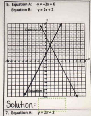 Equation A: y=-2x+6
Equation B: y=2x+2
Solution :
7. Equation A: y=2x-2