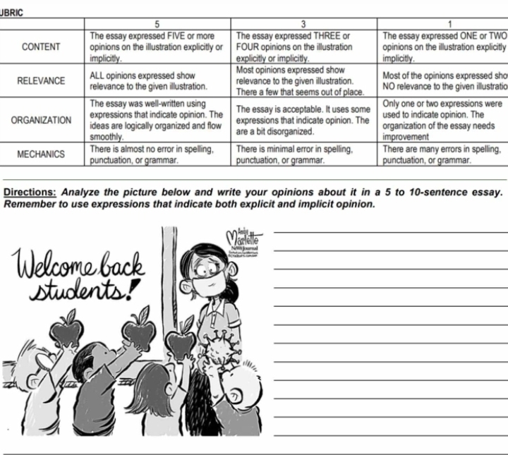 JB 
O 
itly 
ho 
tic 
e 
, 
Directions: Analyze the picture below and write your opinions about it in a 5 to 10 -sentence essay. 
Remember to use expressions that indicate both explicit and implicit opinion. 
Marelle_ 
Welcome back 
Ne oarnal_ 
_ 
_ 
students! 
_ 
_ 
_ 
_ 
_ 
_ 
_ 
_