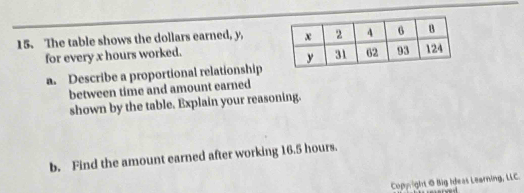 The table shows the dollars earned, y, 
for every x hours worked. 
a. Describe a proportional relationship 
between time and amount earned 
shown by the table. Explain your reasoning. 
b. Find the amount earned after working 16.5 hours. 
Copyright @ Big Ideas Learning, LLC.