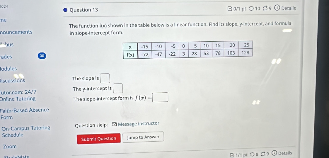 2024
Question 13 □0/1 pt つ10 ♂9 odot Details
me
The function f(x) shown in the table below is a linear function. Find its slope, y-intercept, and formula
nouncements in slope-intercept form.
~bus 
ades 30 
odules
Discussions The slope is □
Tutor.com: 24/7 The y-intercept is □
Online Tutoring The slope-intercept form is f(x)=□
Faith-Based Absence
Form
On-Campus Tutoring Question Help: Message instructor
Schedule
Submit Question Jump to Answer
Zoom
1/1 pt つ 8 ♂ 9 (i Details