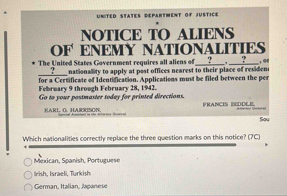 Solved: UNITED STATES DEPARTMENT OF JUSTICE NOTICE TO ALIENS OF ENEMY ...