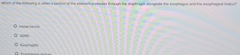 Which of the following is when a portion of the stomach protrudes through the diaphragm alongside the esophagus and the esophageal hiatus?
Hiatal hernia
GERD
Esophagitis
Eseobagçal vares