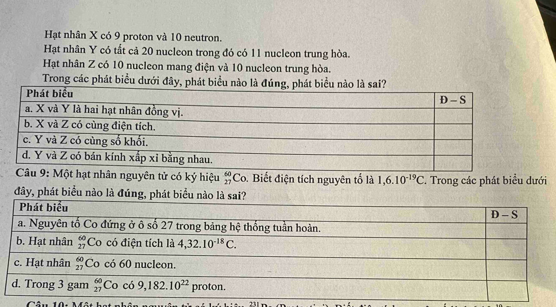 Hạt nhân X có 9 proton và 10 neutron.
Hạt nhân Y có tất cả 20 nucleon trong đó có 11 nucleon trung hòa.
Hạt nhân Z có 10 nucleon mang điện và 10 nucleon trung hòa.
Trong các phát biểu dưới đây,
ột hạt nhân nguyên tử có ký hiệu _(27)^(60)C_0. Biết điện tích nguyên tố là 1,6.10^(-19)C. Trong các phát biểu dưới
đây, phát biểu nào là đúng, phát biểu 
231