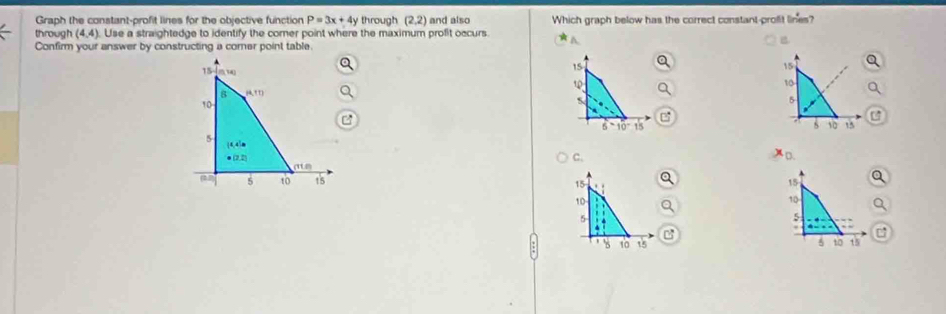 Graph the constant-profit lines for the objective function P=3x+4y through (2,2) and also Which graph below has the correct constant-profit lines?
through (4,4) Use a straightedge to identify the comer point where the maximum profit occurs

Confirm your answer by constructing a corner point table.
15
15
15 -lave 10
10
8 (4,+1)
10
5
5^-10^-15
10 15
5
(4,4)
· (2,2)
C.
x_0.
(71,0)
1 5 to 15 15
15
10
10
5
5
* ' 5 10 15 6 to 15