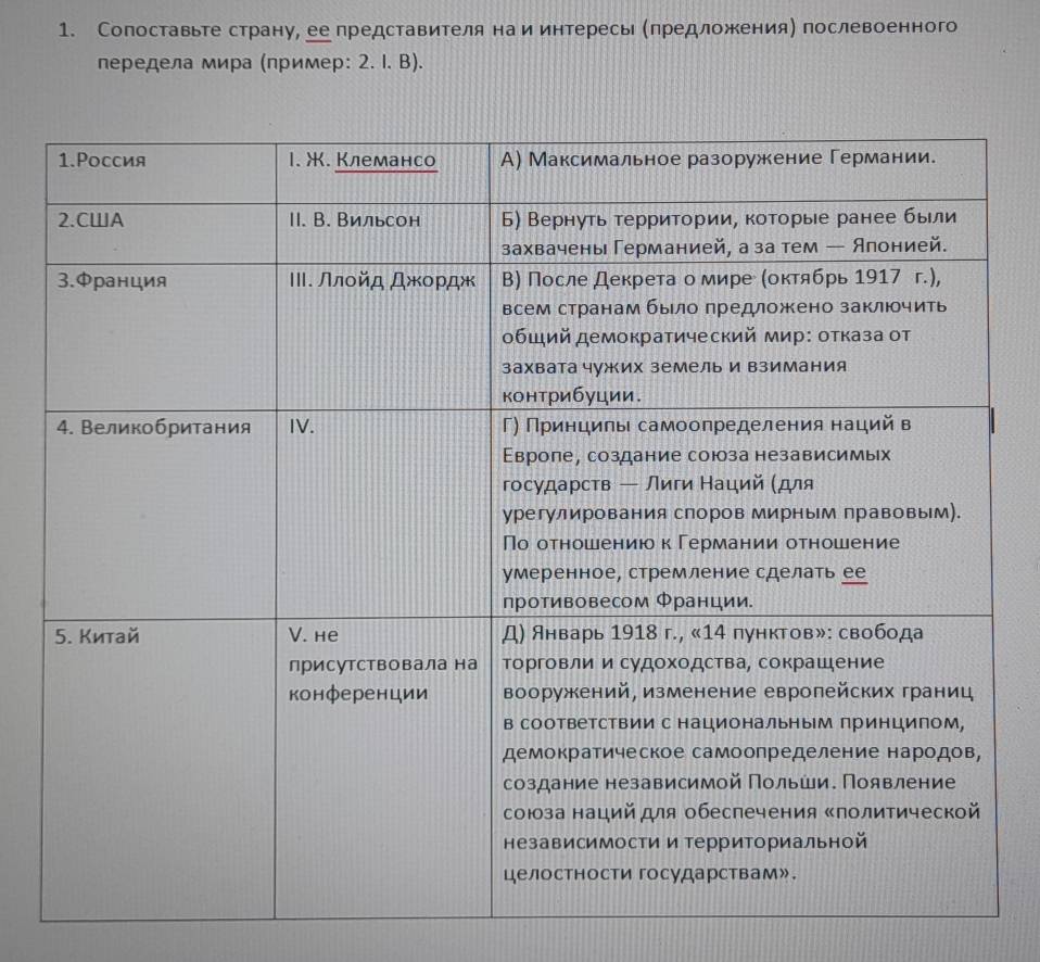 Сопоставьте страну, ее представителя на иинтересь (πредложения) послевоенного 
передела мира (пример: 2. I. B).