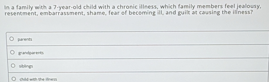 In a family with a 7-year-old child with a chronic illness, which family members feel jealousy,
resentment, embarrassment, shame, fear of becoming ill, and guilt at causing the illness?
parents
grandparents
siblings
child with the illness