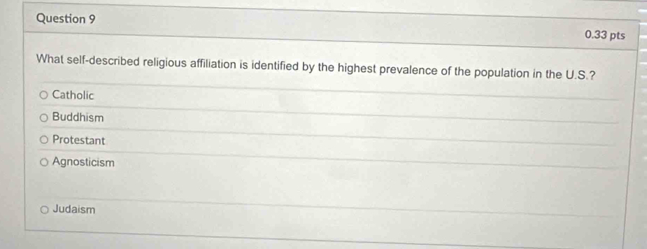 What self-described religious affiliation is identified by the highest prevalence of the population in the U.S.?
Catholic
Buddhism
Protestant
Agnosticism
Judaism