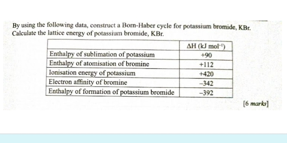 By using the following data, construct a Born-Haber cycle for potassium bromide, KBr.
Calculate the lattice energy of potassium bromide, KBr.
[6 marks]