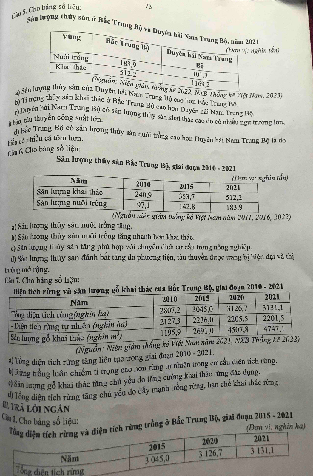 Cho bảng số liệu:
73
Sản lượng thủy sản ở Bắc Trung1
ghìn tấn)
Thống kê Việt Nam, 2023)
a) Sảnam Trung Bộ cao hơn Bắc Trung Bộ.
b) Tỉ trọng thủy sản khai thác ở Bắc Trung Bộ cao hơn Duyên hải Nam Trung Bộ.
c) Duyên hải Nam Trung Bộ có sản lượng thủy sản khai thác cao do có nhiều ngư trường lớn,
ít bão, tàu thuyền công suất lớn.
d) Bắc Trung Bộ có sản lượng thủy sản nuôi trồng cao hơn Duyên hải Nam Trung Bộ là do
biển có nhiều cá tôm hơn.
Câu 6. Cho bảng số liệu:
Sản lượng thủy sản Bắc Trung Bộ, giai đoạn 2010 - 2021
tấn)
(Nguồn niên giám thống kê Việt Nam năm 2011, 2016, 2022)
a) Sản lượng thủy sản nuôi trồng tăng.
b) Sản lượng thủy sản nuôi trồng tăng nhanh hơn khai thác.
c) Sản lượng thủy sản tăng phù hợp với chuyển dịch cơ cấu trong nông nghiệp.
d) Sản lượng thủy sản đánh bắt tăng do phương tiện, tàu thuyền được trang bị hiện đại và thị
trường mở rộng.
Câu 7. Cho bảng số liệu:
gỗ khai thác của Bắc Trung Bộ, giai đoạn 2010 - 2021
(Nguồn: Niên giám thống 
a) Tổng diện tích rừng tăng liên tục trong giai đoạn 2010 - 2021.
b) Rừng trồng luôn chiếm tỉ trọng cao hơn rừng tự nhiên trong cơ cấu diện tích rừng.
t) Sản lượng gỗ khai thác tăng chủ yếu do tăng cường khai thác rừng đặc dụng.
d) Tổng diện tích rừng tăng chủ yếu do đẩy mạnh trồng rừng, hạn chế khai thác rừng.
III. TRả LờI NGẢN
Câu 1. Cho bảng số liệu:
h rừng trồng ở Bắc Trung Bộ, giai đoạn 2015 - 2021
(Đơn vị: nghìn ha)