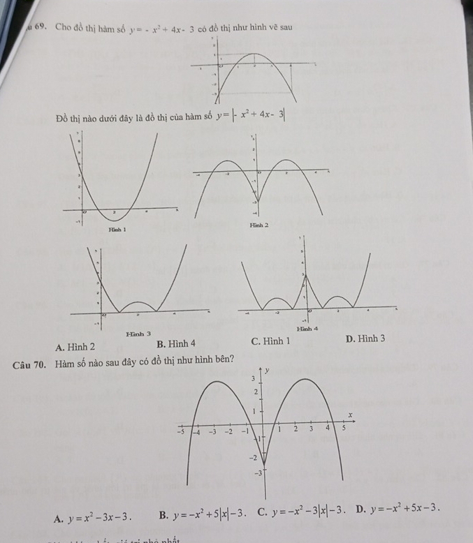 Cho đồ thị hàm số y=-x^2+4x-3 có đồ thị như hình vẽ sau
Đồ thị nào dưới đây là đồ thị của hàm số y=|-x^2+4x-3|
A. Hình 2 B. Hình 4 C. Hình 1 D. Hình 3
Câu 70. Hàm số nào sau đây có đồ thị như hình bên?
A. y=x^2-3x-3. B. y=-x^2+5|x|-3. C. y=-x^2-3|x|-3 D. y=-x^2+5x-3.