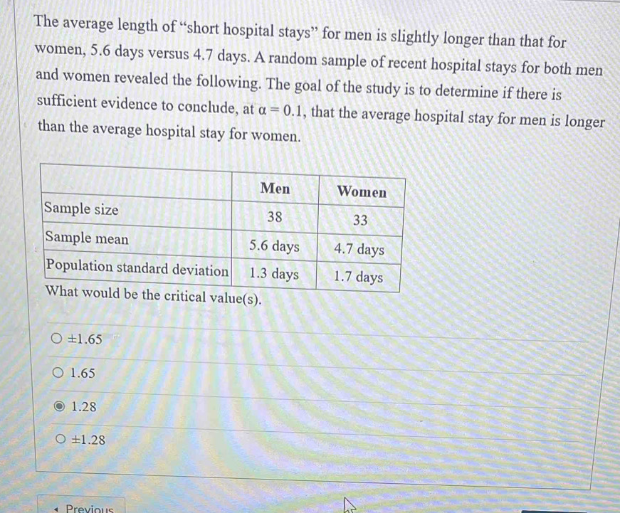 The average length of “short hospital stays” for men is slightly longer than that for
women, 5.6 days versus 4.7 days. A random sample of recent hospital stays for both men
and women revealed the following. The goal of the study is to determine if there is
sufficient evidence to conclude, at alpha =0.1 , that the average hospital stay for men is longer
than the average hospital stay for women.
(s).
±1.65
1.65
1.28
± 1.28
Previous