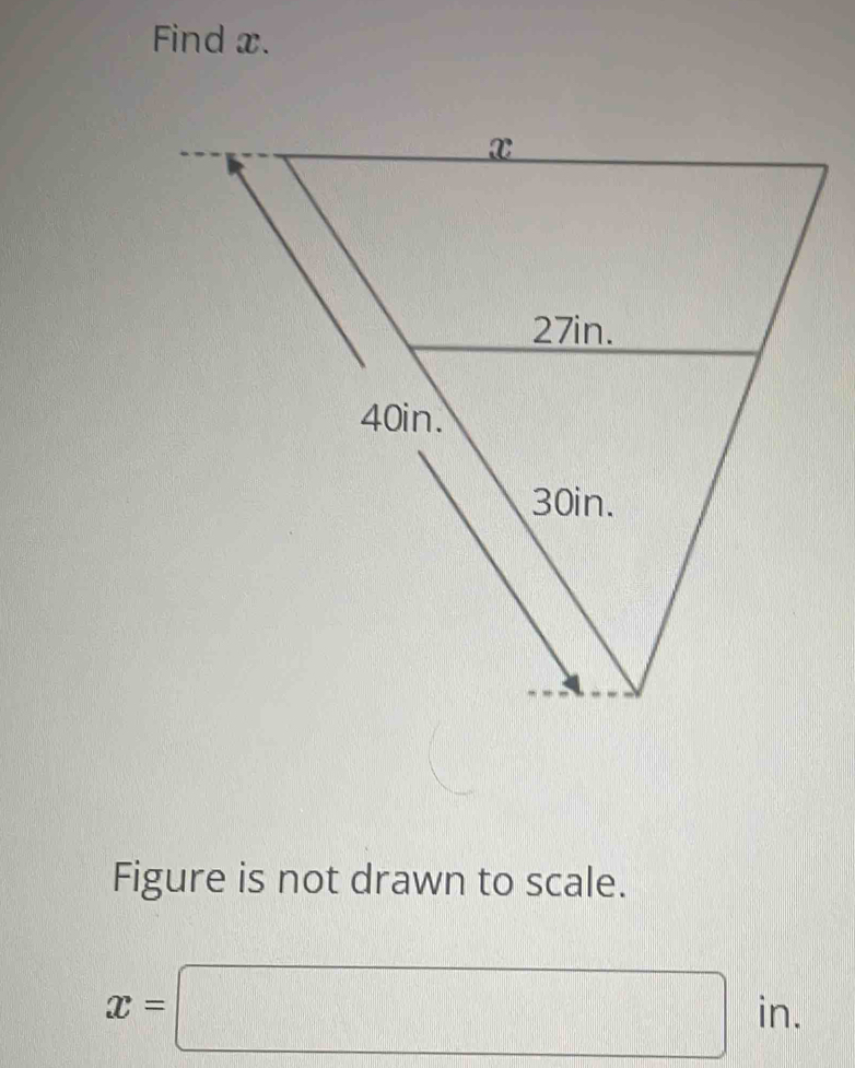 Find x. 
Figure is not drawn to scale.
x=□ in.